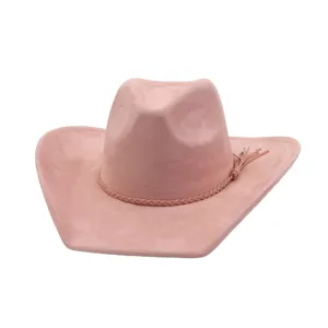 Sombrero de Vaquero de Ante Rosa con Banda Trenzada y Borlas Estilo Jazz Occidental