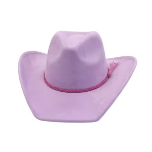 Sombrero de vaquero occidental de ante suave morado con detalle de cinta trenzada.