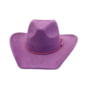 Sombrero de vaquero de ante morado con borla trenzada, elegante sombrero de ala ancha.