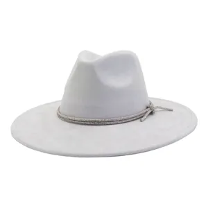Grey soft faux suede fedora hat with sparkly rhinestone band and flat brim for women.
