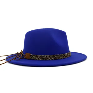 Blauer Wollfilz Fedora Hut für Damen breite Krempe Jazz Hut mit geflochtenem Band