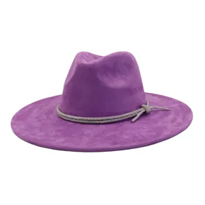 Purple suede fedora hat wide flat brim stylish jazz hat with sparkly rhinestone band for women.