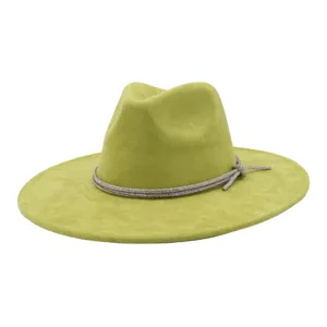 Green suede fedora hat detail featuring sparkling rhinestone cord trim and chic wide brim.
