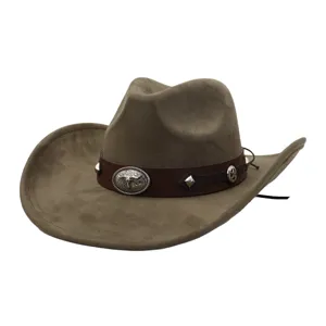 Sombrero de vaquero occidental de ante para hombres y mujeres con hebilla de toro vintage.