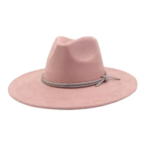 Pink suede jazz hat with rhinestone rope band, wide brim fedora hat for women stylish headwear