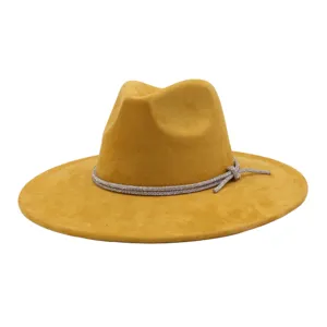 Camel suede fedora hat with sparkly rhinestone band, wide flat brim chic jazz cap for women.