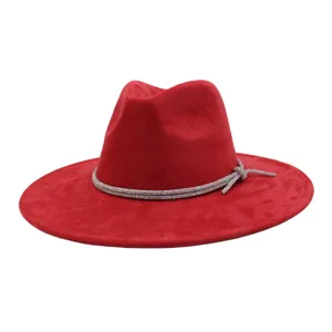 Red fedora hat for women, faux suede wide brim jazz cap with sparkling rhinestone bow detail.