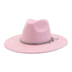 Pink suede fedora hat with sparkling rhinestone band, stylish wide brim jazz hat for women.