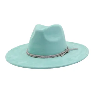 Mint Green Faux Suede Fedora Hat Wide Brim Jazz Hat with Sparkling Rhinestone Rope Band