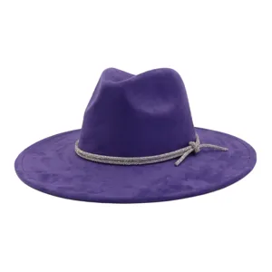Purple faux suede jazz hat detailed with rhinestone band closeup view. Premium felt hat detail.