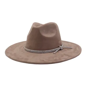 Stylish brown suede fedora hat with sparkling rhinestone band, perfect for trendy daily wear.