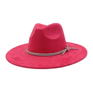 Detailed shot of the pink suede wide brim jazz fedora hat with sparkly rhinestone rope.
