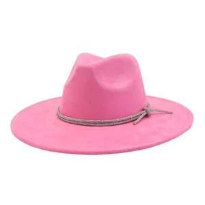 Pink suede fedora hat with rhinestone band, elegant wide brim jazz hat for women stylish accessory.
