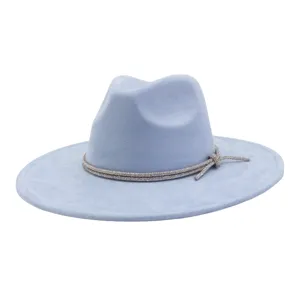 Light blue wide brim fedora hat featuring a sparkling rhinestone band and bow detail.