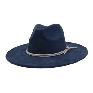 Dark blue faux suede fedora hat with sparkling rhinestone band, elegant wide brim hat.