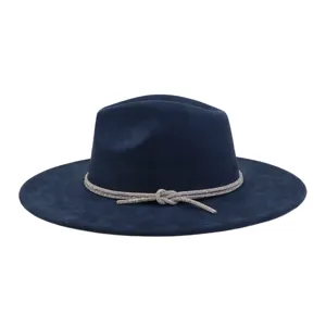 Dark blue faux suede fedora hat with sparkly rhinestone rope band for women and girls.