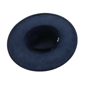 Detail view of the navy blue wide brim suede fedora hat interior structure and brim edge.