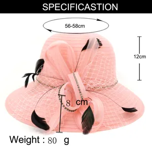 Pink organza sun hat detail showing circumference, hat height, brim width and item weight.