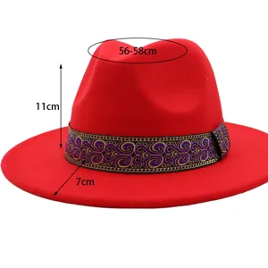 Chapeau fedora en laine rouge en detail avec dimensions, style vintage large bord pour adultes.