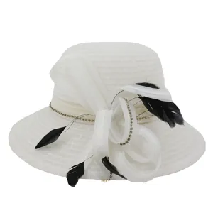 Elegant white organza sun hat for women with large brim, feather, and rhinestone bow design.
