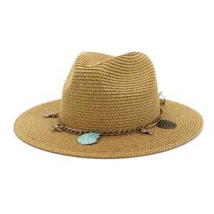 Geflochtener Strohhut mit Metallkette Muschel Seestern Anhänger Damen Sommer Strand.