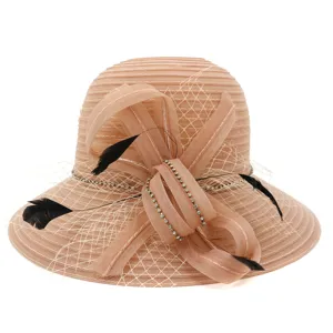 Elegant organza sun hat for women wide brim beach cap stylish mesh bow rhinestone decoration