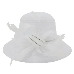 Elegant white organza sun hat with mesh feather rhinestone bow for women summer beach travel.