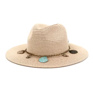 Damen Sommer Strohhut Sonnenschutz mit Muschel Kette Anhänger Strand Reise Hut breit krempe
