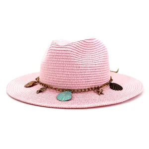 Damen rosa Strohhut mit Muschelkette Strand Sonnenhut Sommer Outdoor Reise Sonnenschutz