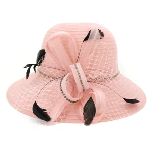 Women Large Brim Sun Hat Organza Beach Hat UV Protection Summer Bowknot Feather Rhinestone Floppy Hat For Vacation
