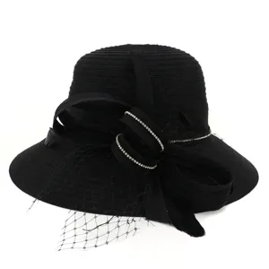 Elegant black organza sun hat with mesh bow and feather detail for women beach travel