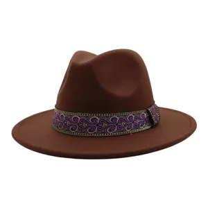 Chapeau fedora en laine marron avec bande brodée violette chapeau vintage élégant pour adultes