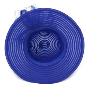 Royal blue organza wide brim sun hat detail, elegant mesh bow decoration and wind strap.
