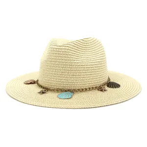 Damen Strohhut mit Muschel Kette Sommer Strand Sonnenschutz breite Krempe Fedora Sonnenhut