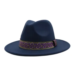 Chapeau fedora en feutre de laine bleu bande violette or style ethnique jazz unisexe