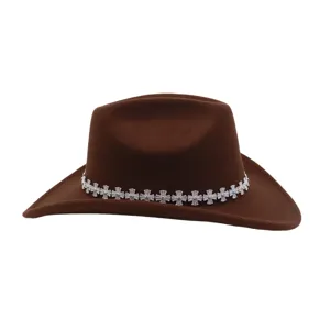 Herbst Winter Western Cowboy Hut Wolle Filz Fedora Hut mit silberner Kreuz Kette Dekoration