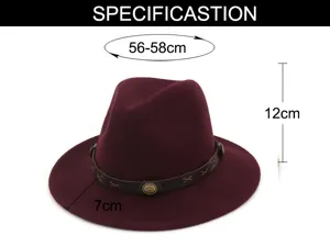 Vista detallada del sombrero fedora de lana vintage con medidas de circunferencia y ala.