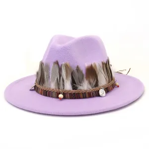 Sombrero fedora de fieltro de lana morado para mujer con pluma banda etnica ala ancha otoño