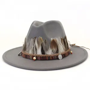Sombrero fedora de lana gris con pluma banda étnica ala ancha mujer otoño invierno moda gorro