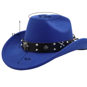 Blue wool cowboy hat detail view showing head circumference 56-58cm, brim 8cm, and height 11cm.