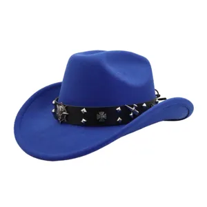 Blue wool felt cowboy hat with leather band and metal skull punk style decoration for outdoor.
