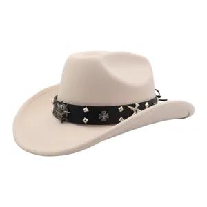 Stylish beige felt cowboy hat with black leather band, metal skull and cross studs.