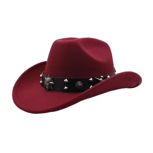 Dark red wool cowboy hat with punk skull and cross metal rivets retro western style