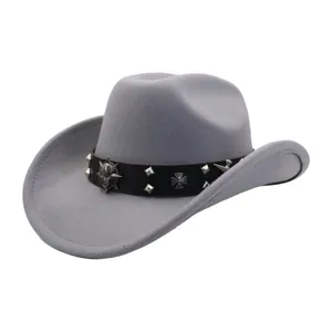 Grey felt cowboy hat detail, punk style black leather band with metal skull and cross.