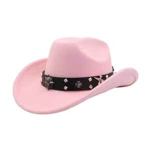 Pink felt cowboy hat with gothic cross and skull metal studs for women western party style