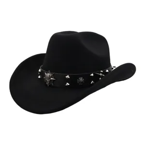 Black felt western cowboy hat with metal skull and cross studded leather band for men women.
