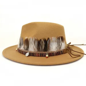 Sombrero fedora de lana con plumas bohemias para mujer, ala ancha estilo etnico con cinta.