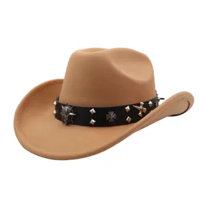 Classic camel felt cowboy hat with black leather band, metal skull and cross punk decor.
