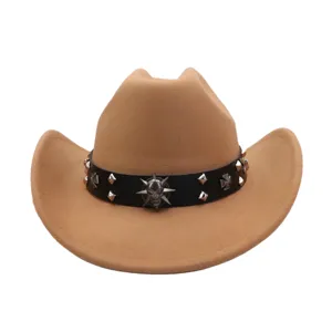 Camel western cowboy hat with black leather band, skull and cross metal studs fedora.