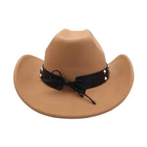 Camel woolen western cowboy hat with black leather band, stylish jazz hat for daily wear.